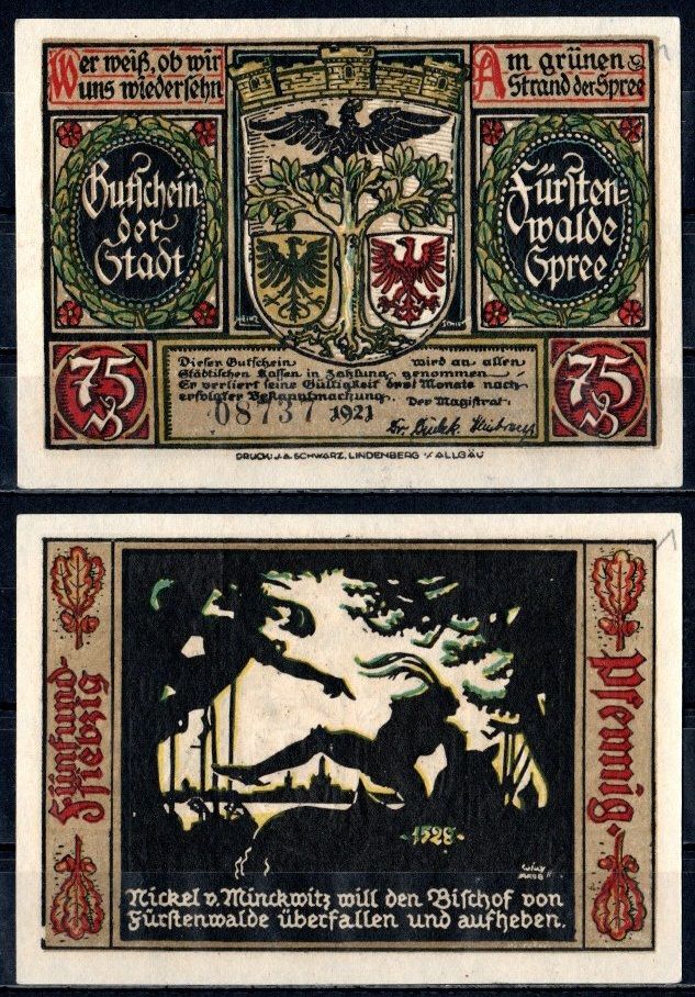 Фюрстенвальде (Пруссия, Бранденбург) 75 пфеннигов 1921 Mehl Grabowski 403.1a-12/15 бумага UNC (пресс) 7555-52-4-2