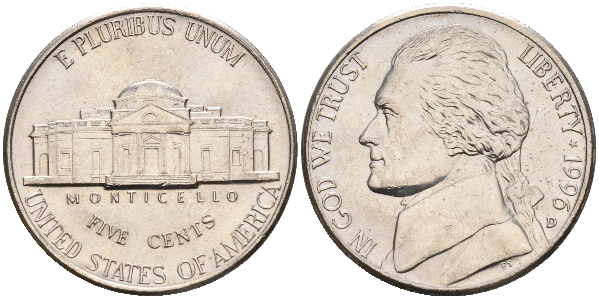 США 5 центов 1996 D, Джефферсон KM А192 медно-никель 92-1237