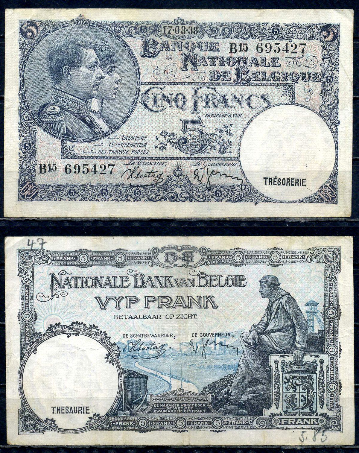 Бельгия 5 франков 1938 17.03.1938, Король Альберт I и его жена Королева Елизавета, Гран-Плас / Гроте Маркт, Брюссель Pick 108 a бумага 6301-11-2-2