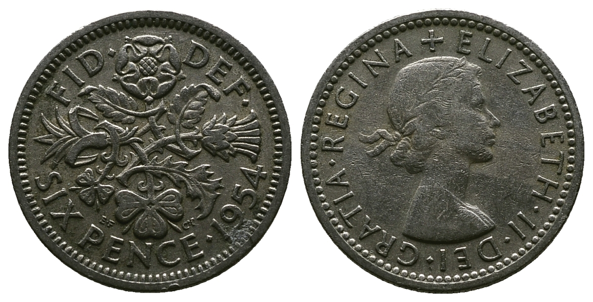 Великобритания 6 пенсов 1954 Елизавета II (1952-2022) KM 903, Spink 4149 медно-никель 4381-639