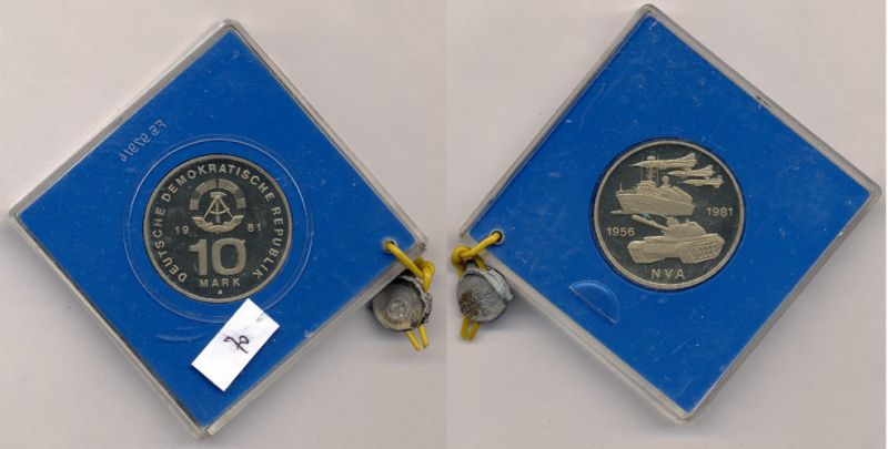 ГДР 10 марок 1981 А, 25 лет национальной народной армии ГДР, тираж 2600 экз., в оригинальной упаковке, пломба KM 80, J. 1578 медно-никель PROOF 11-128-12-2