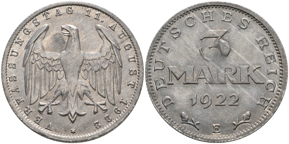 Германия 3 марки 1922 Е, третья годовщина Веймарской Конституции KM 29, J.303 алюминий UNC 4574-822