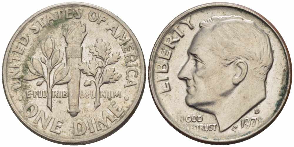 США 10 ЦЕНТОВ = 1 ДАЙМ 1971 D, РУЗВЕЛЬТ KM 195а медь плакированная медно-никелем 105-653