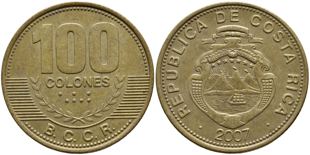 КОСТА-РИКА 100 КОЛОН 2007 B.C.C.R. KM 240а сталь плакированная латунью 59-335