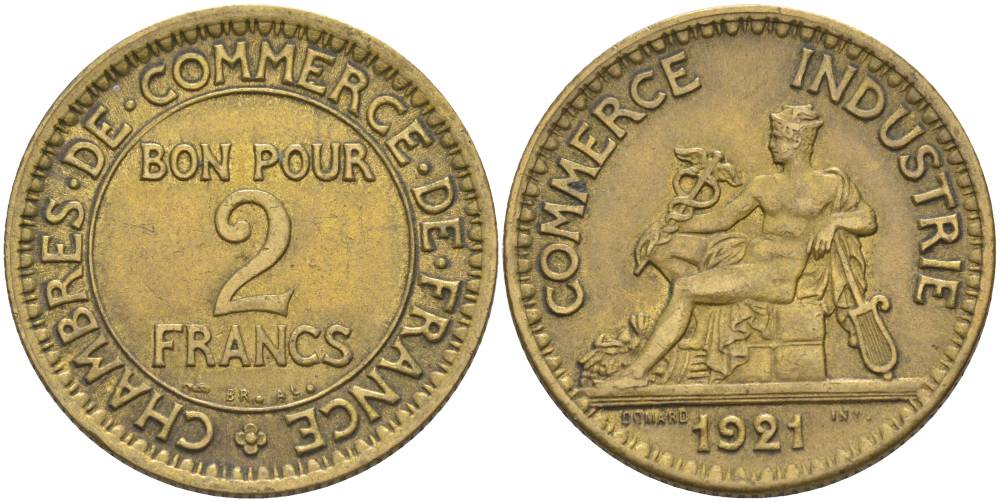 ФРАНЦИЯ 2 ФРАНКА 1921 ТИП CHAMBRES DE COMMERCE KM 877, LE FRANC 267.3 алюминиевая бронза 69-1136
