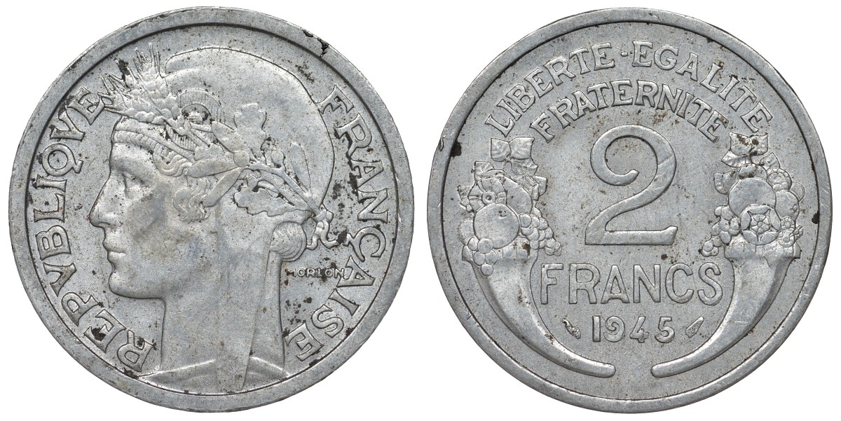 Франция 2 франка 1945 KM 886а.1, Le Franc 269.5 алюминий 4123-334