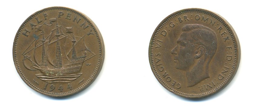 Великобритания 1/2 пенни 1944 Георг VI (1936-1952) KM 844, Spink 4115 бронза 59-1031