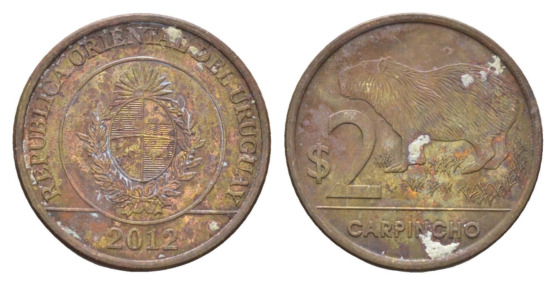 Уругвай 2 песо 2012 KM 136 сталь плакированная латунью 4663-342