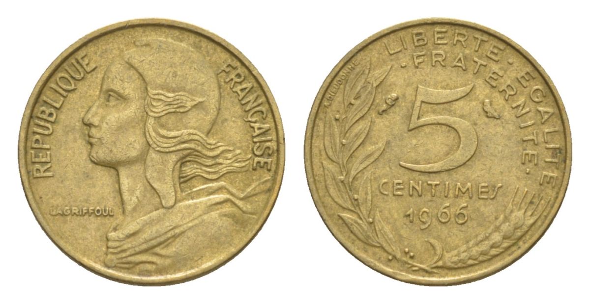 Франция 5 сантимов 1966 тип Morlon KM 933, Le Franc 125.2 алюминиевая бронза 4630-319