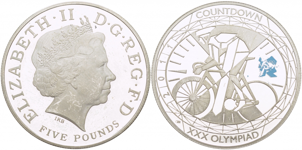 Великобритания 5 фунтов 2011 Елизавета II (1952-2022), XXX Летние Олимпийские игры 2012 в Лондоне 2012 - Обратный отсчет 1 год до начала, велосипедный спорт, KM 1202, Spink LO35 серебро PROOF 04-136-24