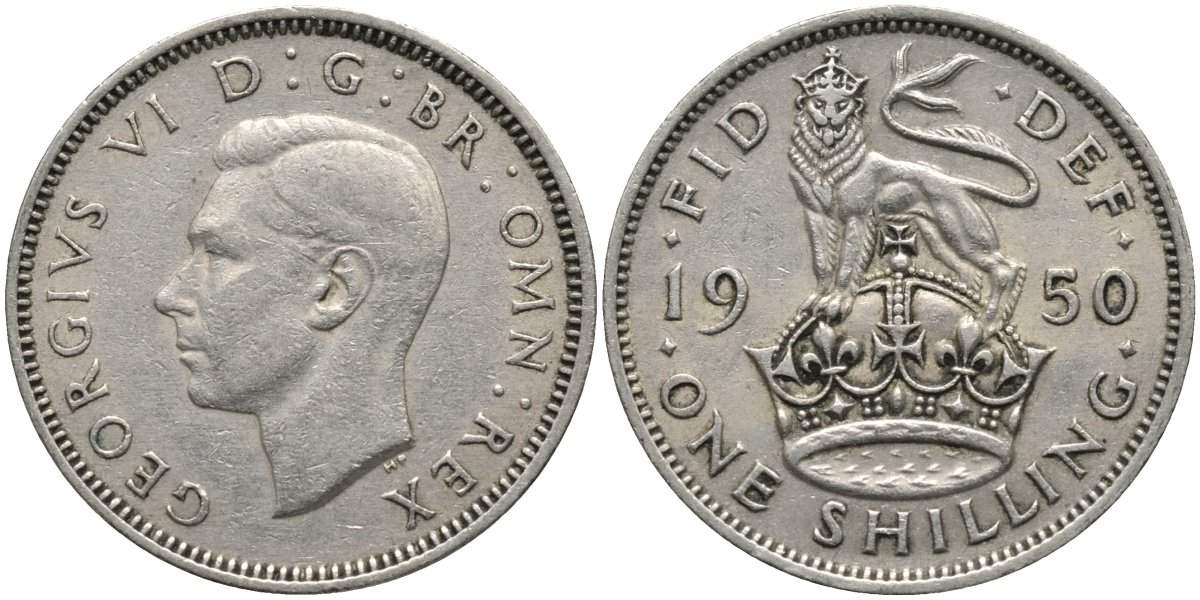 Великобритания 1 шиллинг 1950 Георг VI (1936-1952), Английский герб KM 876, Spink 4108 медно-никель 4171-616