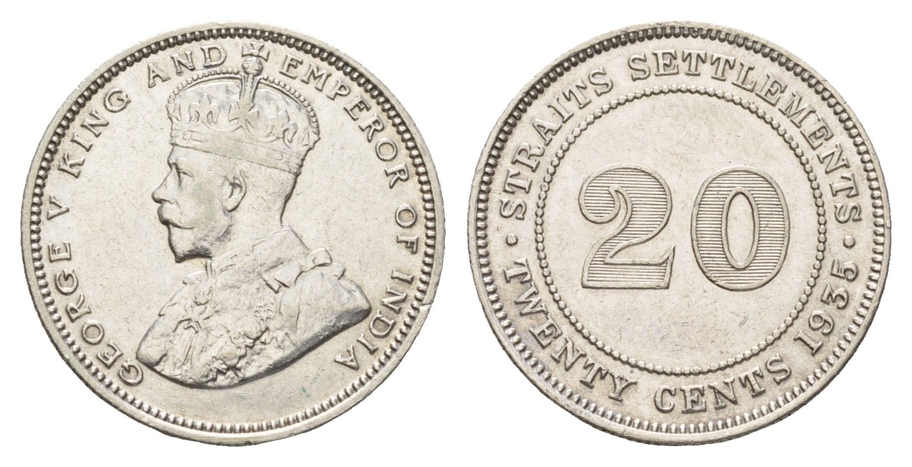 Стрейтс-Сетлментс (Стрейтс Сетлментс) 20 центов 1935 Георг V (1910-1936) KM 30b серебро 4671-145