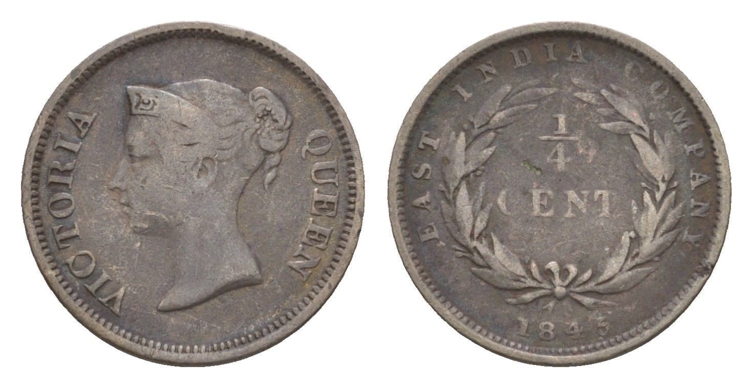 Стрейтс-Сетлментс (Стрейтс Сетлментс) 1/4 цента 1845 Виктория (1837-1901), год-тип KM 1 медь 1521-642