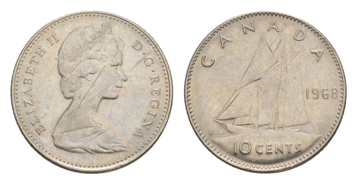 Канада 10 центов 1968 Елизавета II (1952-2022), парусник KM 73 никель 4630-817