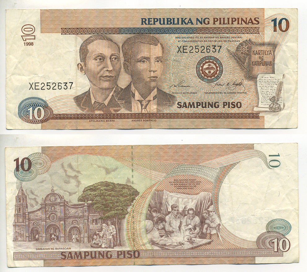 ФИЛИППИНЫ 10 ПЕСО 1998 ПОДПИСЬ 14, АПОЛИНАРИО МАБИНИ И АНДРЕАС БОНИФАСИО, ДВЕ ФИГУРЫ НА ВОДЯНОМ ЗНАКЕ, ЧЕРНАЯ СЕРИЯ Pick 187с бумага 7222-71-2