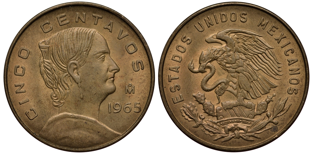 Мексика 5 сентаво 1965 Жозефа Ортис де Домингес KM 426 латунь VF 3334-616