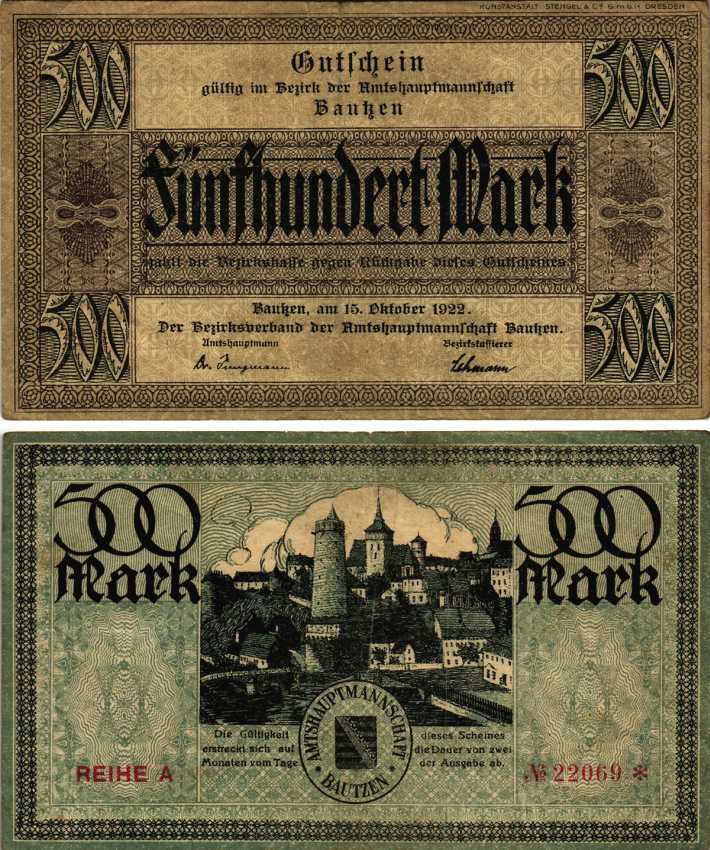 БАУТЦЕН 500 МАРОК 1922 НОТГЕЛЬД, 15 ОКТЯБРЯ 1922, ЗЕМЛЯ САКСОНИЯ, REIHE A Muller 210.2 бумага 6300-36-2-2