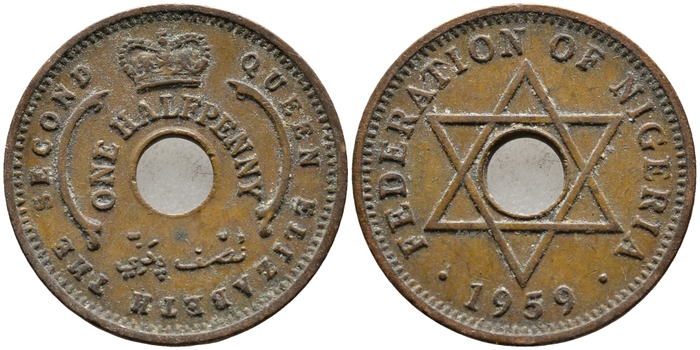 Нигерия 1/2 пенни 1959 Елизавета II (1952-), Британский протекторат KM 1 бронза 4387-151