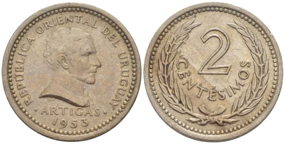 УРУГВАЙ 2 СЕНТЕСИМО 1953 ХОСЕ ХЕРВАСИО АРТИГАС KM 33 медно-никель 105-763