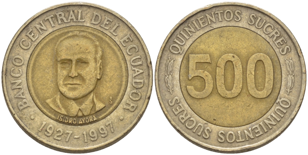 ЭКВАДОР 500 СУКРЕ 1997 ИЗИДРО АЙОВА, 70 ЛЕТ ЦЕНТРАЛЬНОМУ БАНКУ KM 102 биметалл 31-436