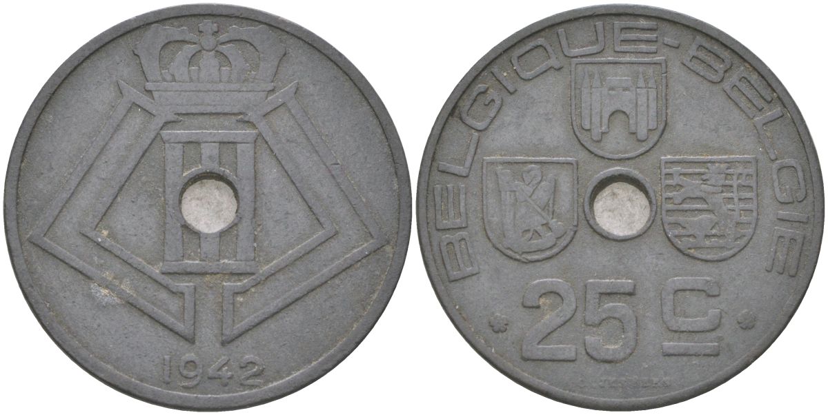 Бельгия 25 сантимов 1942 Belgique - Belgie, германская оккупация, Вторая мировая война KM 131 цинк 4159-647