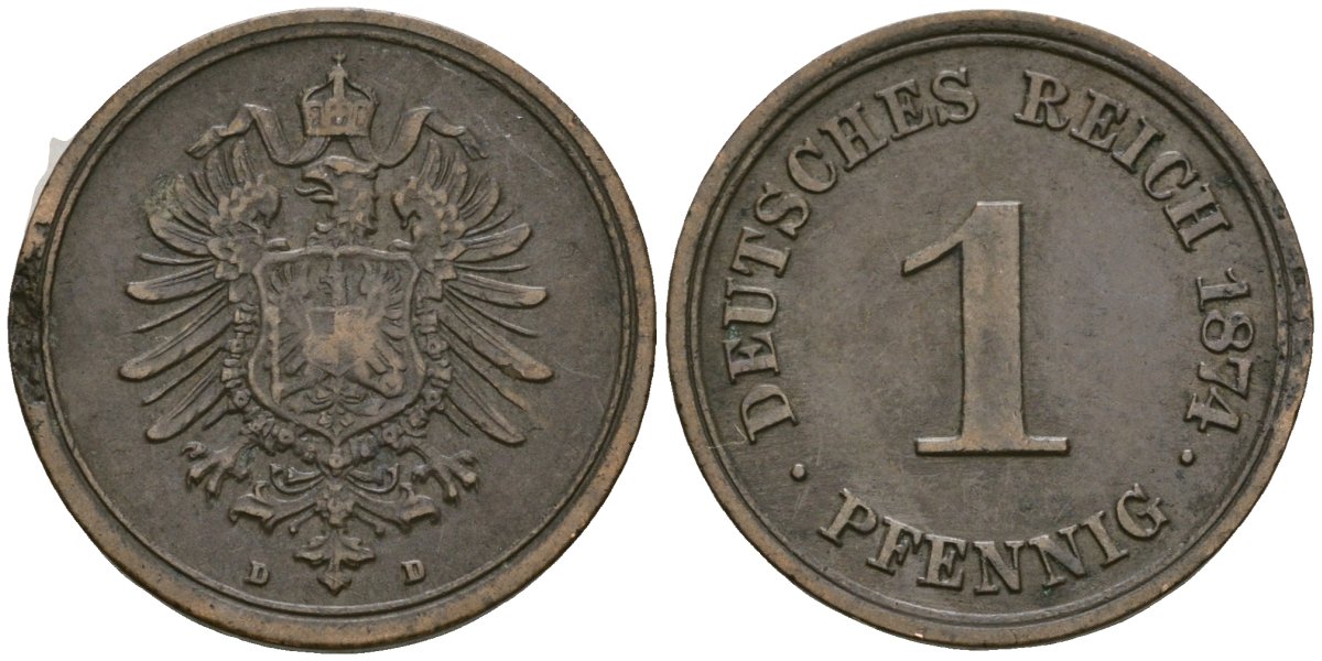 Германия 1 пфенниг 1874 D, Вильгельм I (1871-1888) KM 1, J. 1 медь 4181-129