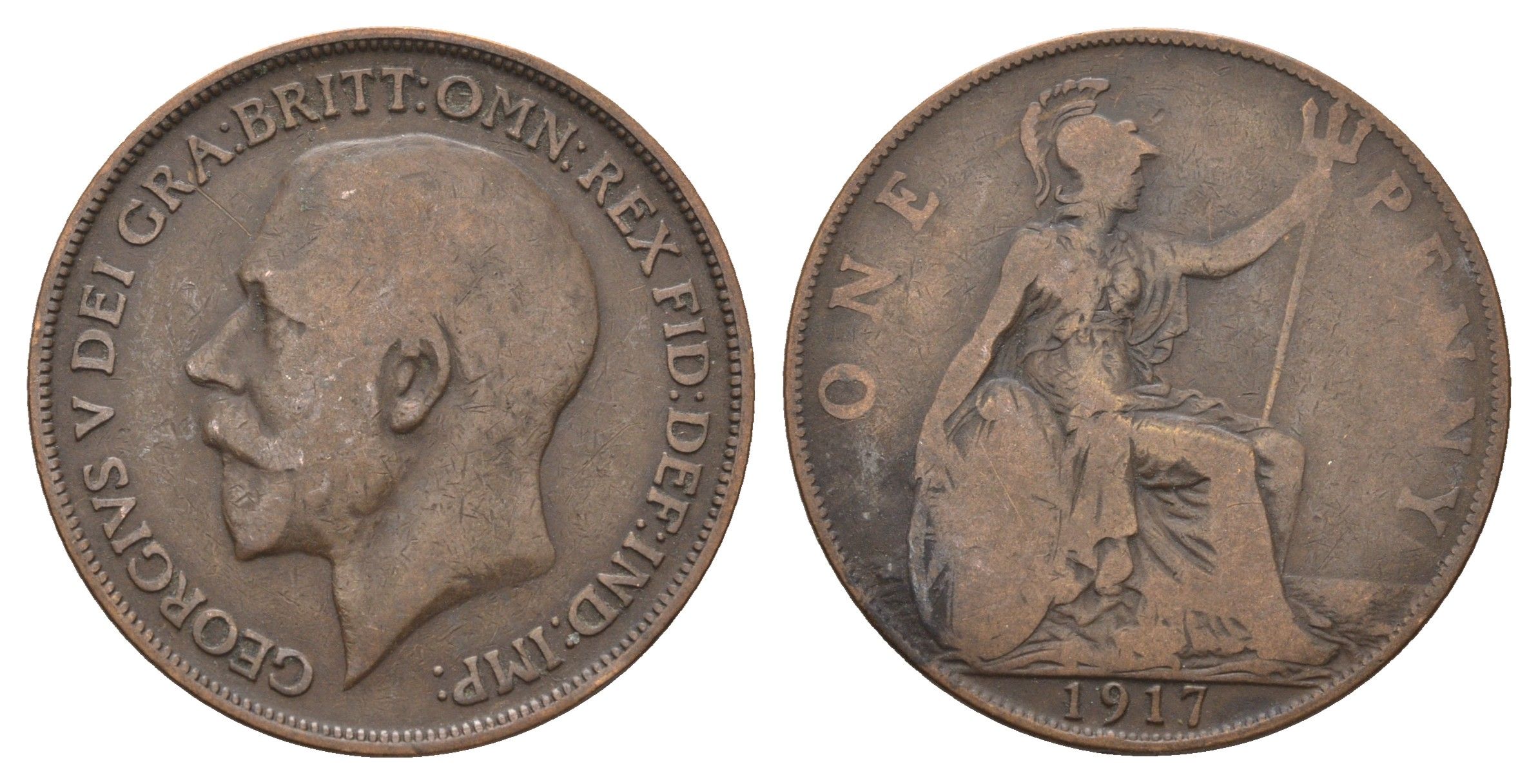 Великобритания 1 пенни 1917 Георг V (1910-1936) KM 810, Spink 4051 бронза 4692-712