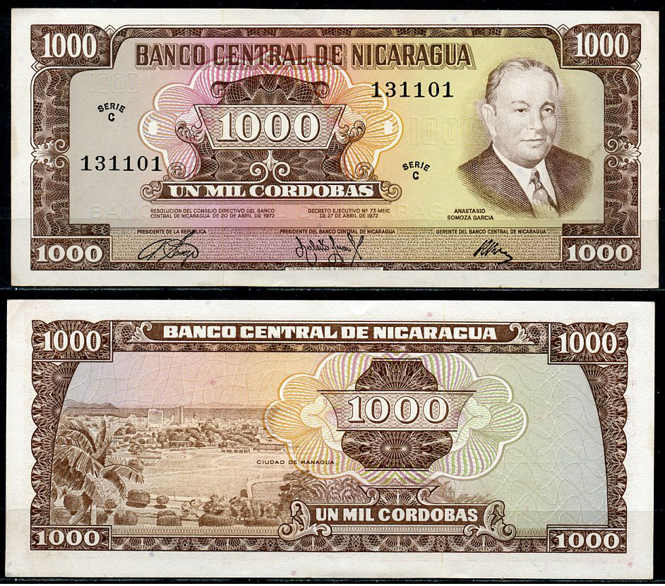 Никарагуа 1000 кордоба 1972 Анастасио Сомоса Гарсиа, Манагуа Pick 128 a  бумага  UNC (пресс) 451-432-2