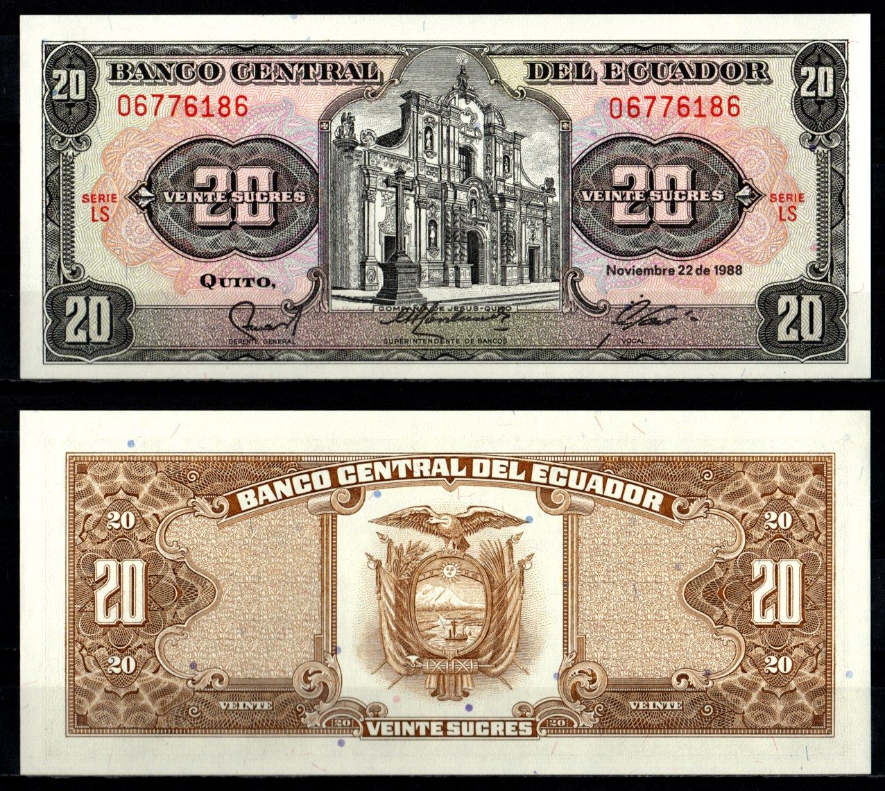 Эквадор 20 сукре 1988 Pick 121 Aa 1988 (3) бумага UNC (пресс) 7191-60-1-2
