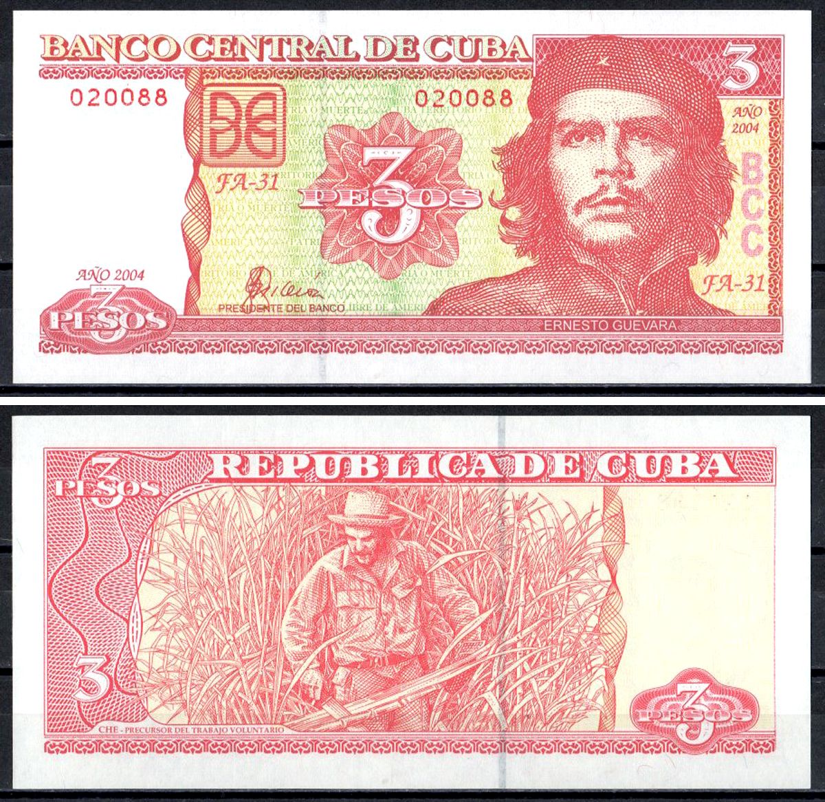 Куба 3 песо 2004 Че Гевара, Че Гевара рубит сахарный тростник Pick 127 a бумага UNC (пресс) 402-67-1-2