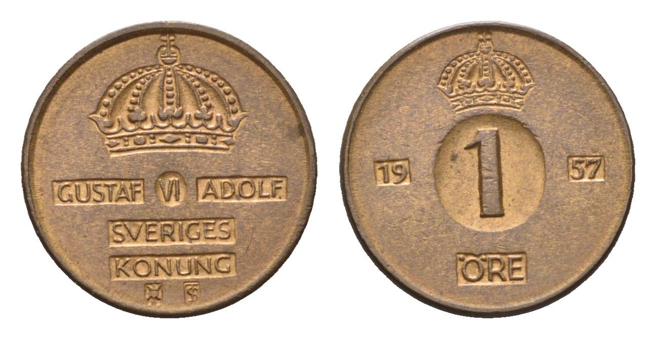 Швеция 1 эре 1957 TS, Густав VI Адольф (1950-1973) KM 820 бронза 4614-454