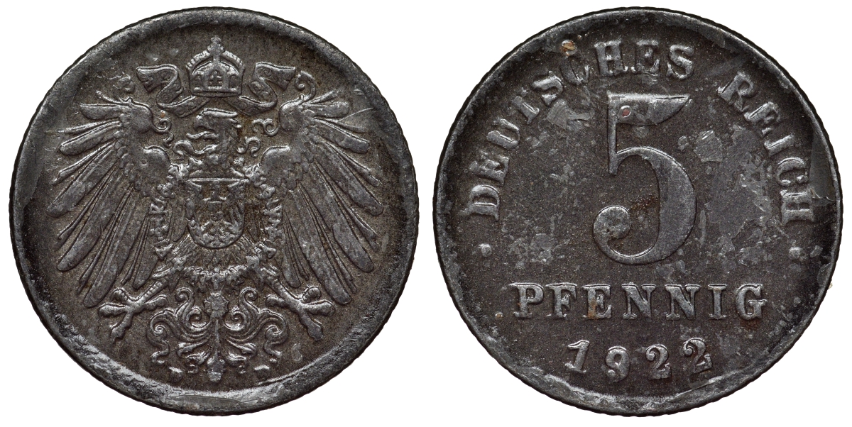 Германия 5 пфеннигов 1922 D KM 19, J. 297, Weege 5 железо 4118-1035