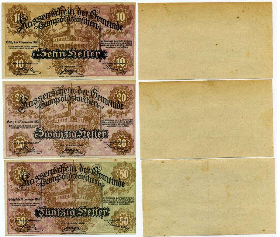 Австрия, Гумпольдскирхен набор из 3 банкнот 10, 20, 50 геллеров 1920 31 декабря 1920, нотгельд, ярмарочная коммуна в земле Нижняя Австрия   бумага  аUNC  7555-13-3-1