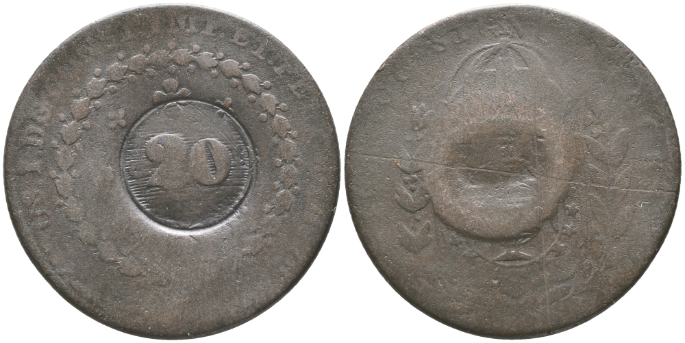 БРАЗИЛИЯ 20 РЕЙСОВ 1835 НАДЧЕКАНКА НА 40 РЕЙСАХ 1829, ПЕДРО I KM 436.1 медь 51-4221