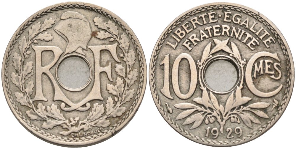 Франция 10 сантимов 1929 тип LINDAUER KM 866а, Le Franc 128.16 медно-никель 4575-334