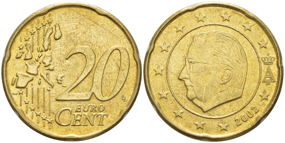 БЕЛЬГИЯ 20 ЕВРОЦЕНТОВ 2002 АЛЬБЕРТ II KM 228 латунь 4543-423