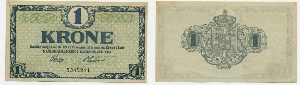 Дания 1 крона 1916 без серии Pick 12 a бумага aUNC 7484-10-1-2