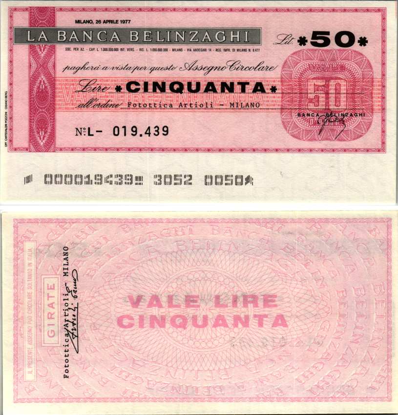Италия 50 лир 1977 26 апреля 1977 La Banca belinzaghi, Milano бумага UNC (пресс) 7220-36-2-2