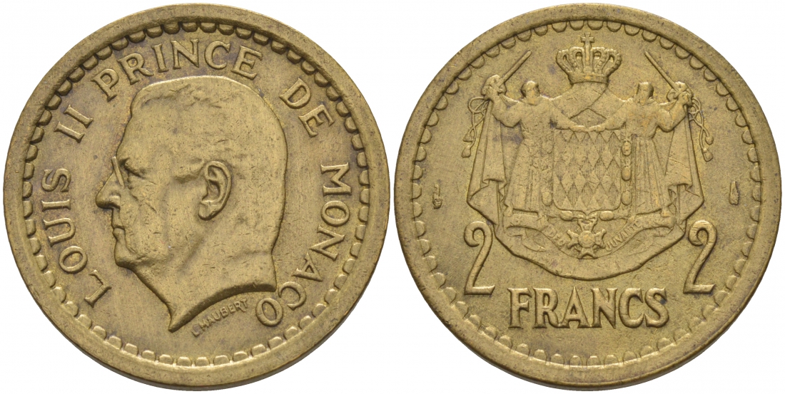 Монако 2 франка 1945 Луи II (1922-1949) KM 121а алюминиевая бронза 73-1434