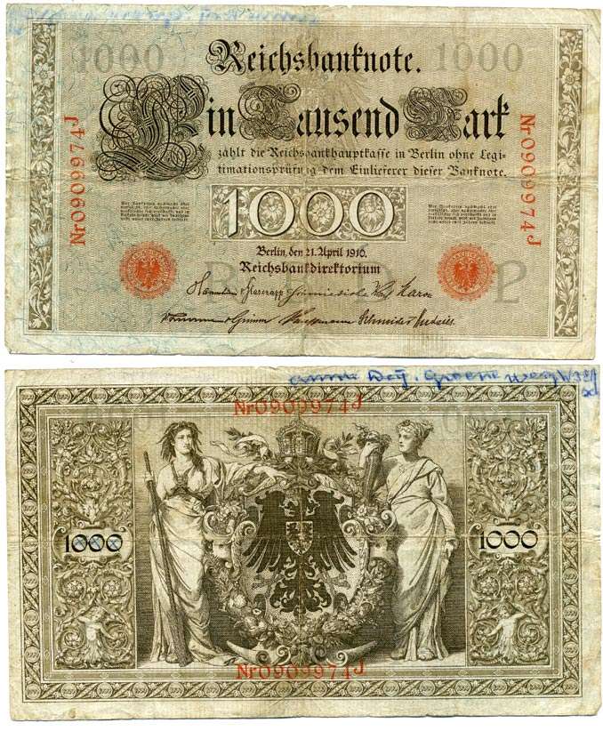 ГЕРМАНИЯ 1000 МАРОК 1910 21 АПРЕЛЯ 1910, КРАСНАЯ ПЕЧАТЬ, 7 ЦИФР В НОМЕРЕ Pick 44b бумага 6262-40-1-1