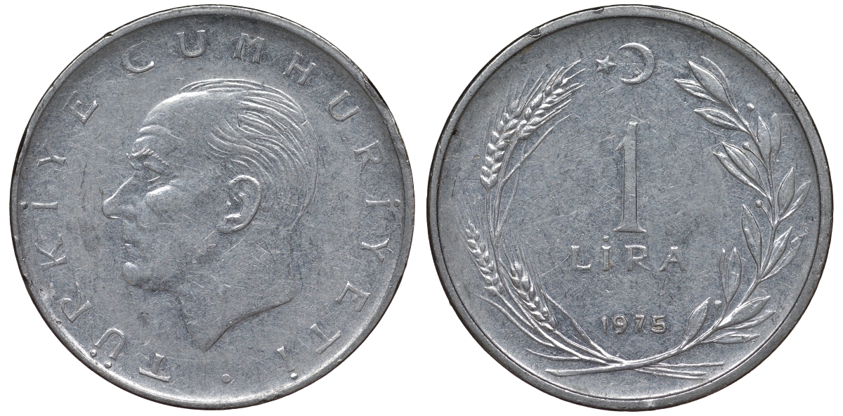 Турция 1 лира 1975 Мустафа Кемаль Ататюрк KM 889a.2 нержавеющая сталь 62-1051