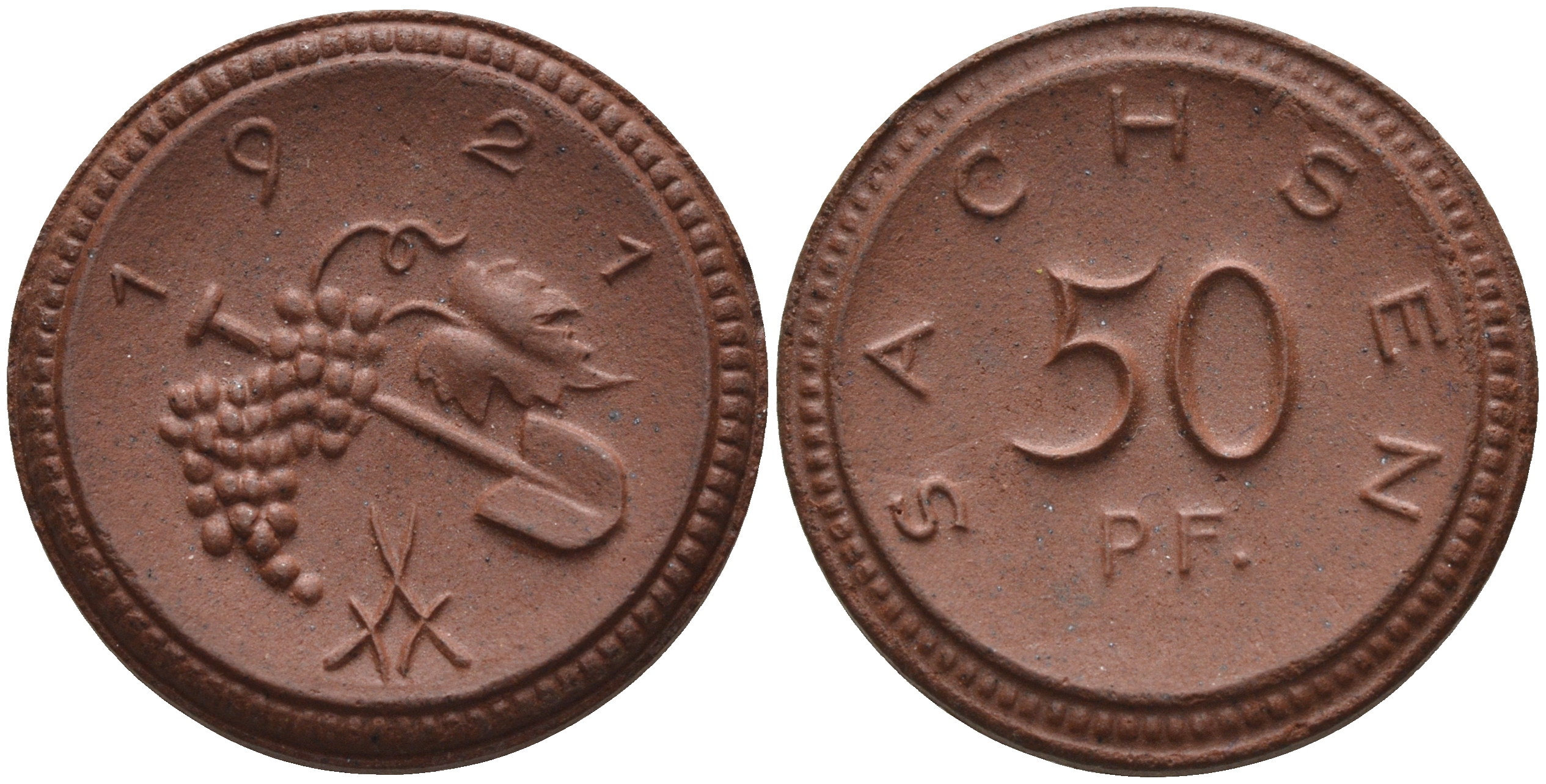 Саксония 50 пфеннигов 1921 виноград и лопата J. N 54 фарфор 1094-5-52