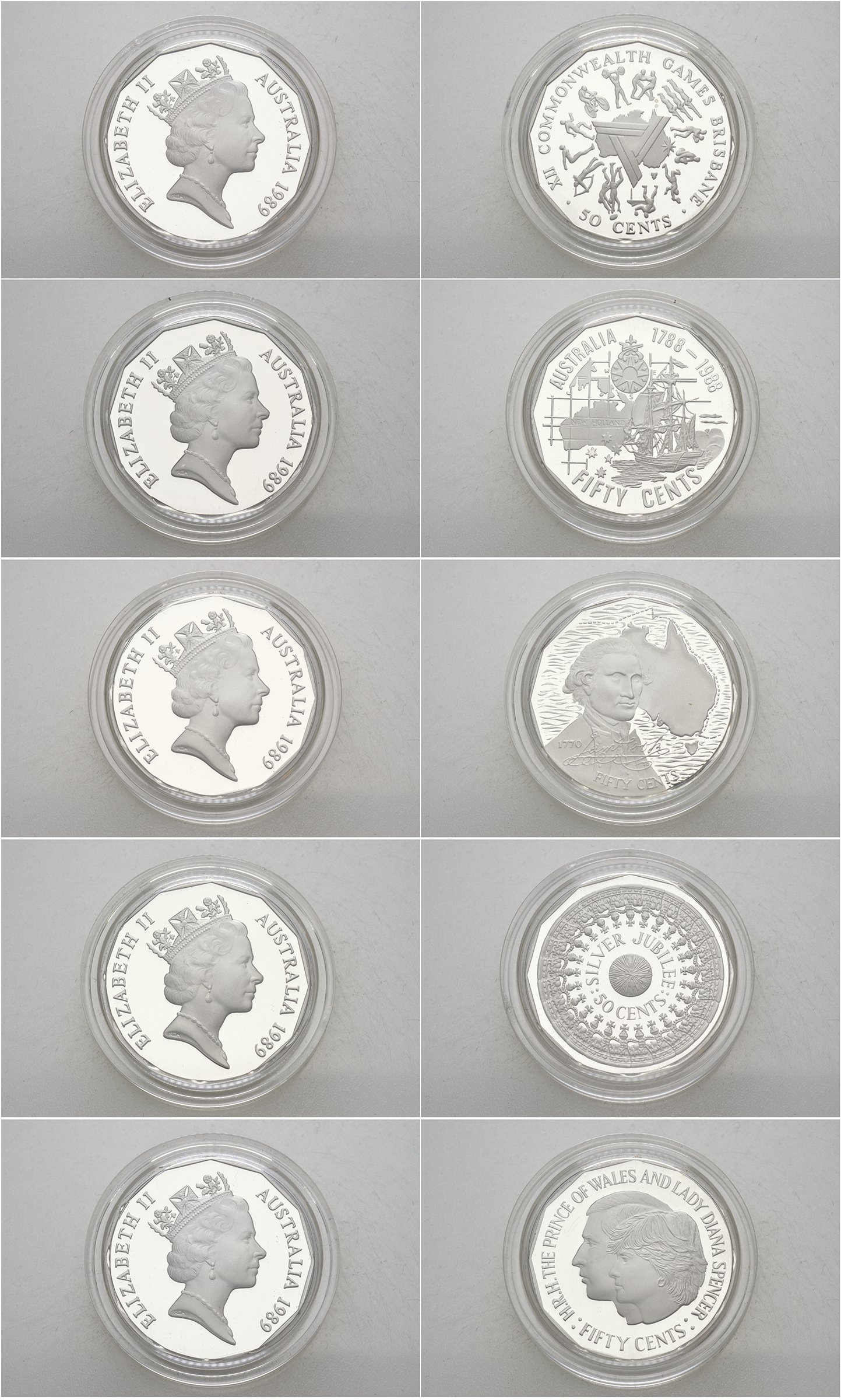 Австралия набор из 5 монет по 50 центов 1989 монетный шедевры, в оригинальной коробке, с сертификатом KM PS 64 серебро PROOF 14-01-02-06