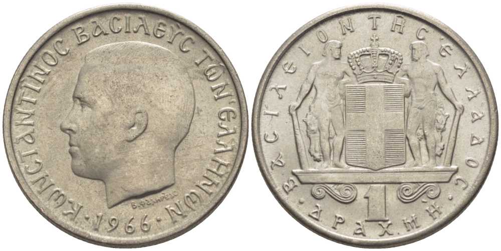 ГРЕЦИЯ 1 ДРАХМА 1966 КОНСТАНТИН II (1964-1973) KM 89 медно-никель UNC 24-336
