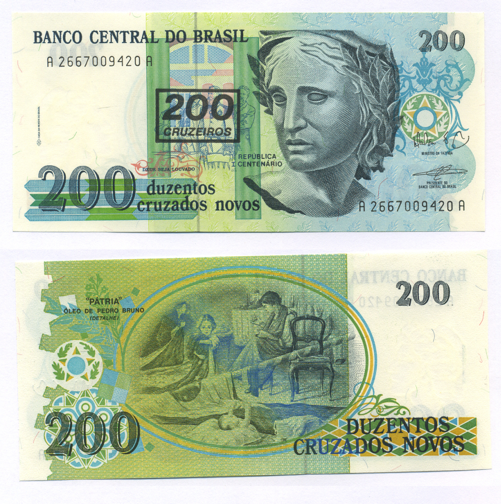 БРАЗИЛИЯ 200 КРУЗЕЙРО 1990 НАДПЕЧАТКА НА 200 КРУЗАДО НОВЫХ, СЕРИЯ 2667, СКУЛЬПТУРА РЕСПУБЛИКИ, ПОДПИСЬ 27 Pick 225b бумага UNC (ПРЕСС) 7552-34-4