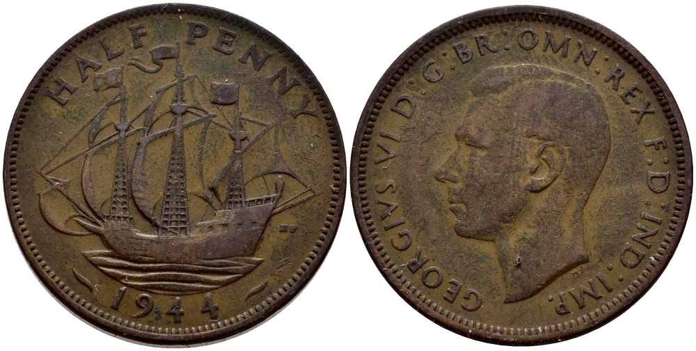 Великобритания 1/2 пенни 1944 Георг VI (1936-1952) KM 844, Spink 4115 бронза 56-1132