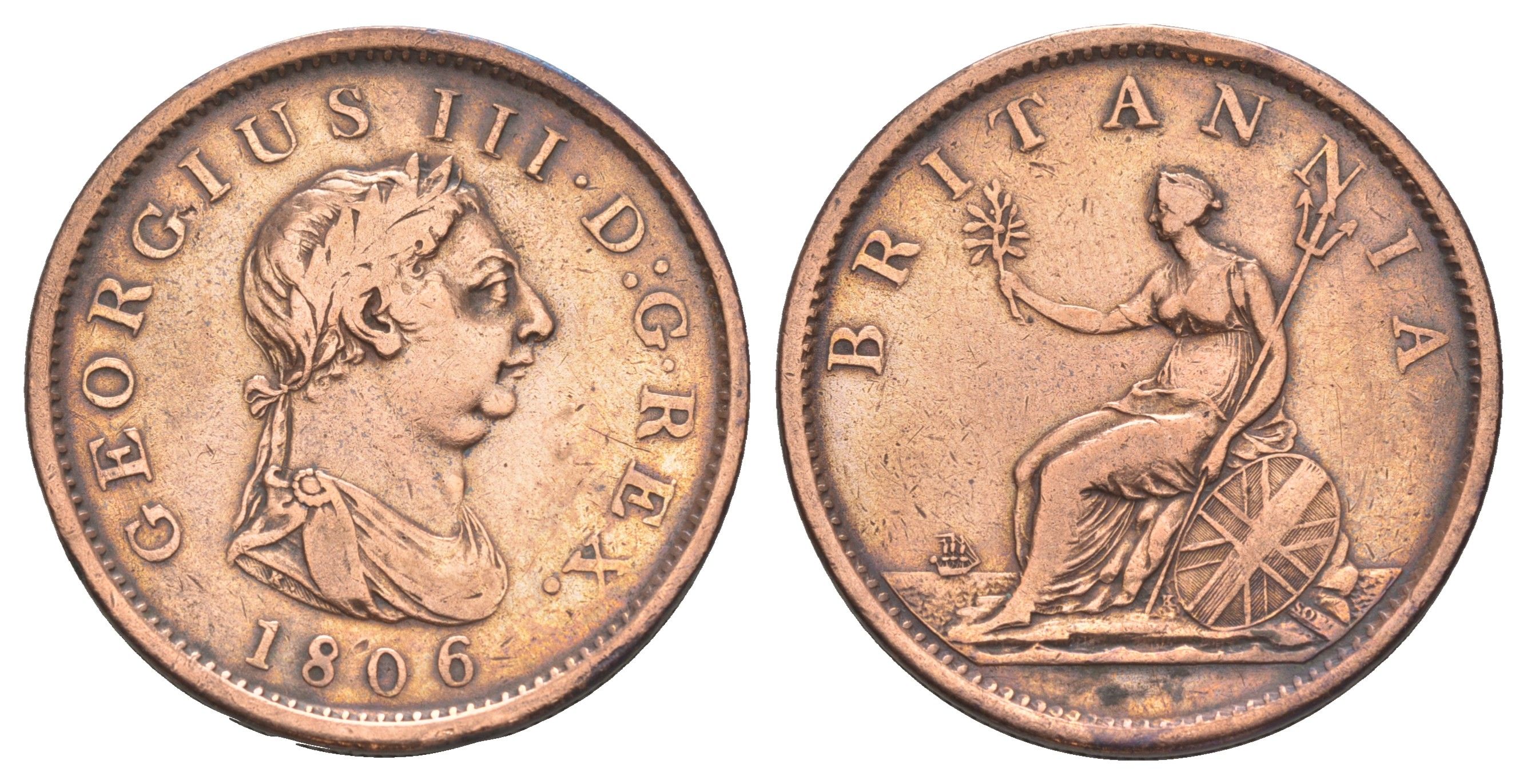 Великобритания 1 пенни 1806 Георг III (1760-1820) KM 663, Spink 3780 медь 3711-911