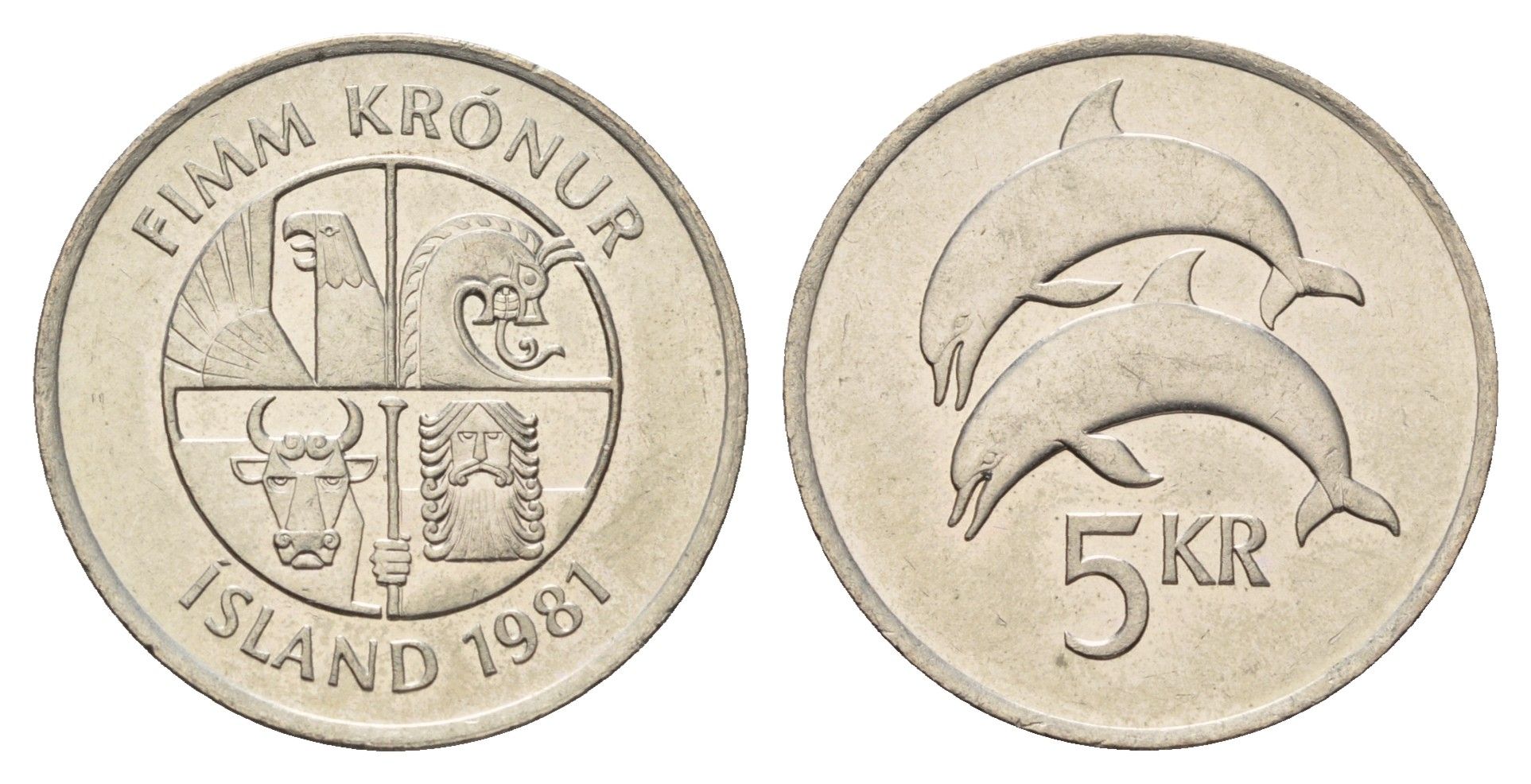 Исландия 5 крон 1981 дельфины KM 28 медно-никель UNC 4691-354