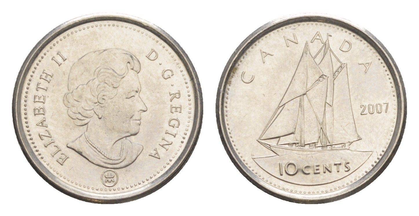 Канада 10 центов 2007 Leaf, Елизавета II (1952-2022), парусник KM 492 сталь плакированная никелем aUNC 4647-1024