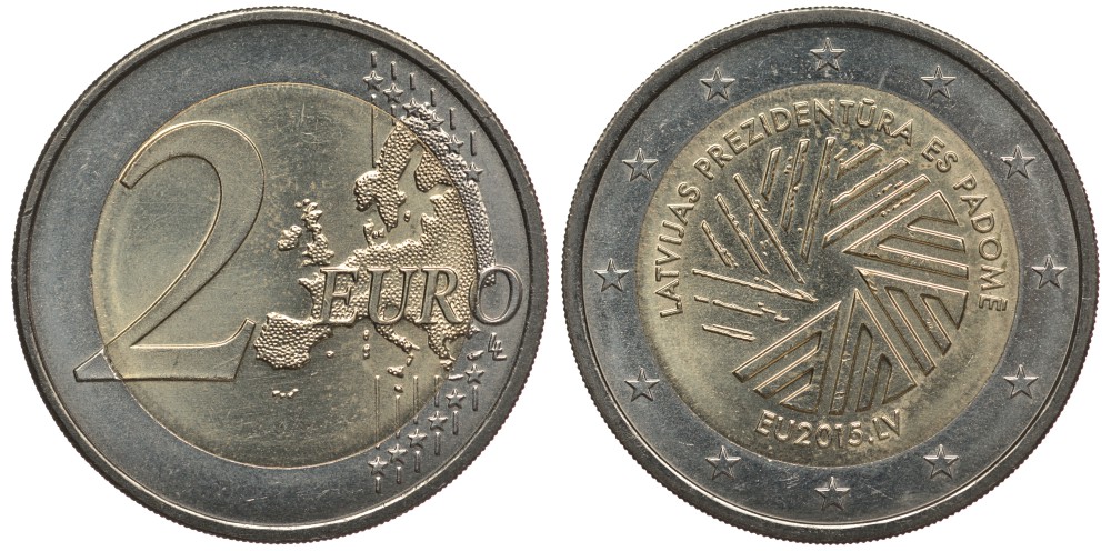 Латвия 2 евро 2015 председательство Латвии в совете ЕС KM 173 биметалл 4110-915